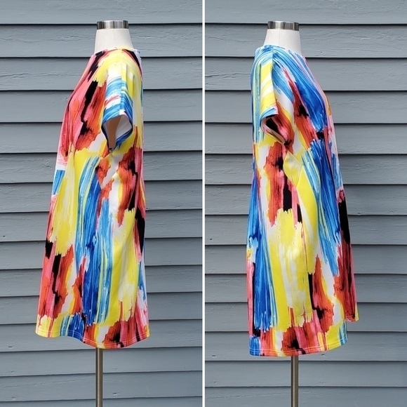 Eloquii Multicolor Rainbow Watercolor Abstract Striped Print Plus Size Dress 16 - Picture 2 of 4